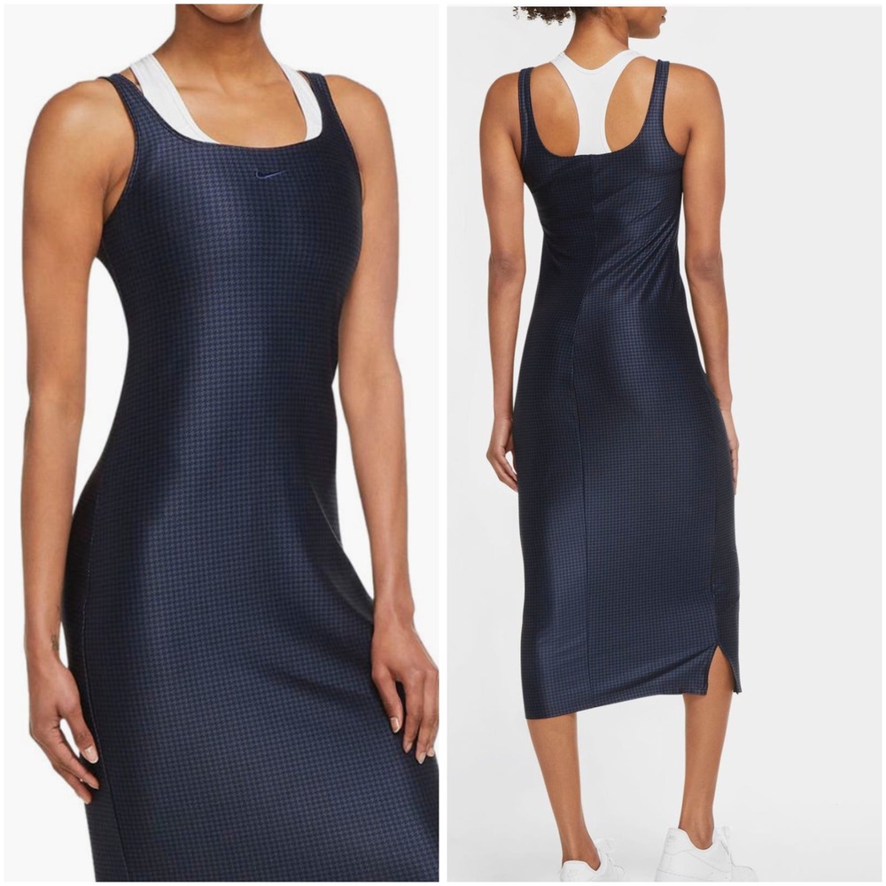 NWT Nike Houndstooth Midi Dress Blue Large Athleisure Bodycon Performance Sporty